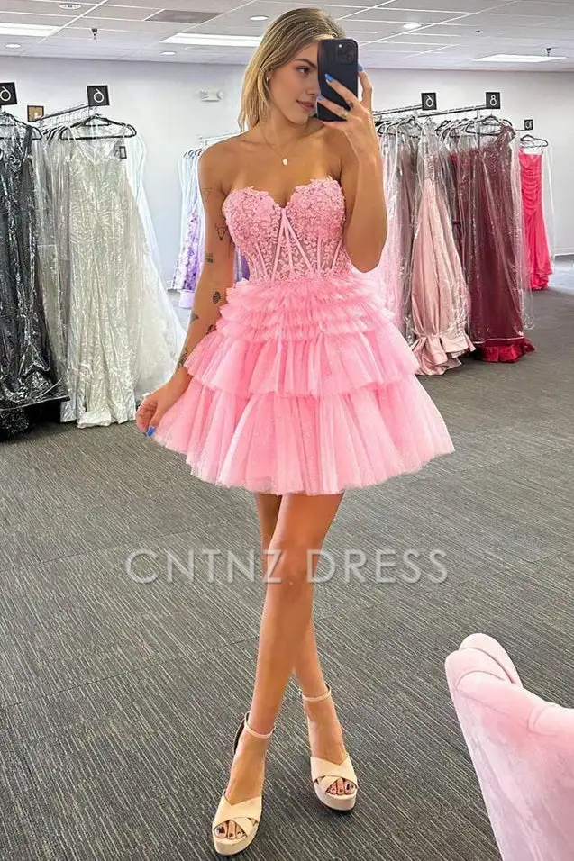 CNTNZ DRESS Hot Sale Homecoming Dress Fashion A-Line Strapless Sweetheart Neckline Appliques Layers Ruched Backless Exquisite Short Dress