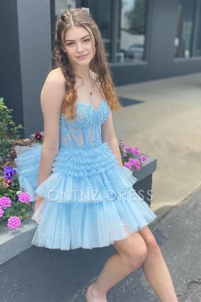 CNTNZ DRESS Hot Sale Homecoming Dress Fashion A-Line Strapless Sweetheart Neckline Appliques Layers Ruched Backless Exquisite Short Dress