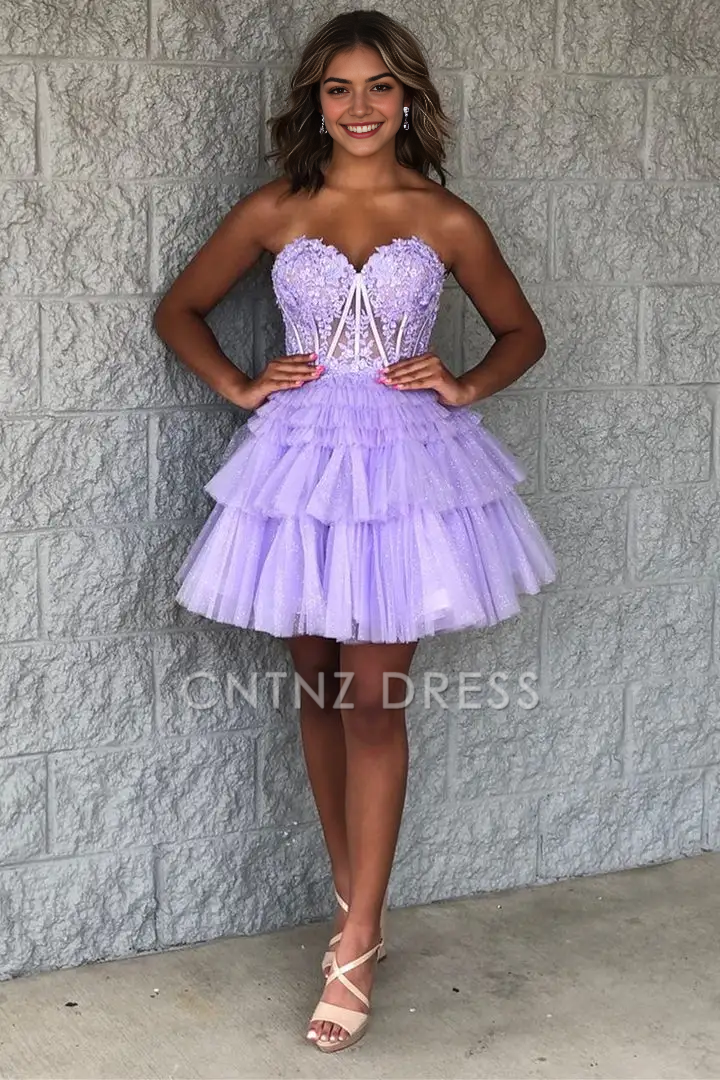 CNTNZ DRESS Hot Sale Homecoming Dress Fashion A-Line Strapless Sweetheart Neckline Appliques Layers Ruched Backless Exquisite Short Dress