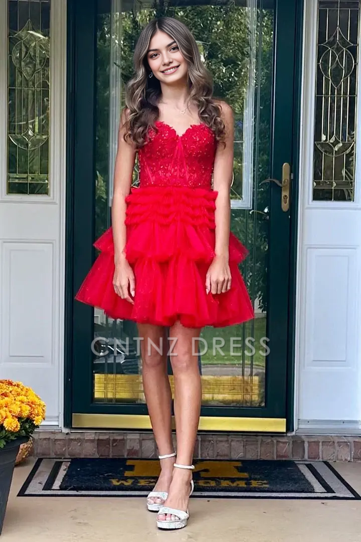 CNTNZ DRESS Hot Sale Homecoming Dress Fashion A-Line Strapless Sweetheart Neckline Appliques Layers Ruched Backless Exquisite Short Dress