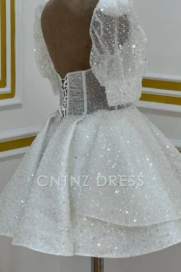 CNTNZ DRESS Hot Sale Homecoming Dress Fashion Sequin A Line Sweetheart Puff Sleeves Backless Sparkle Short Prom Dress Short Dress