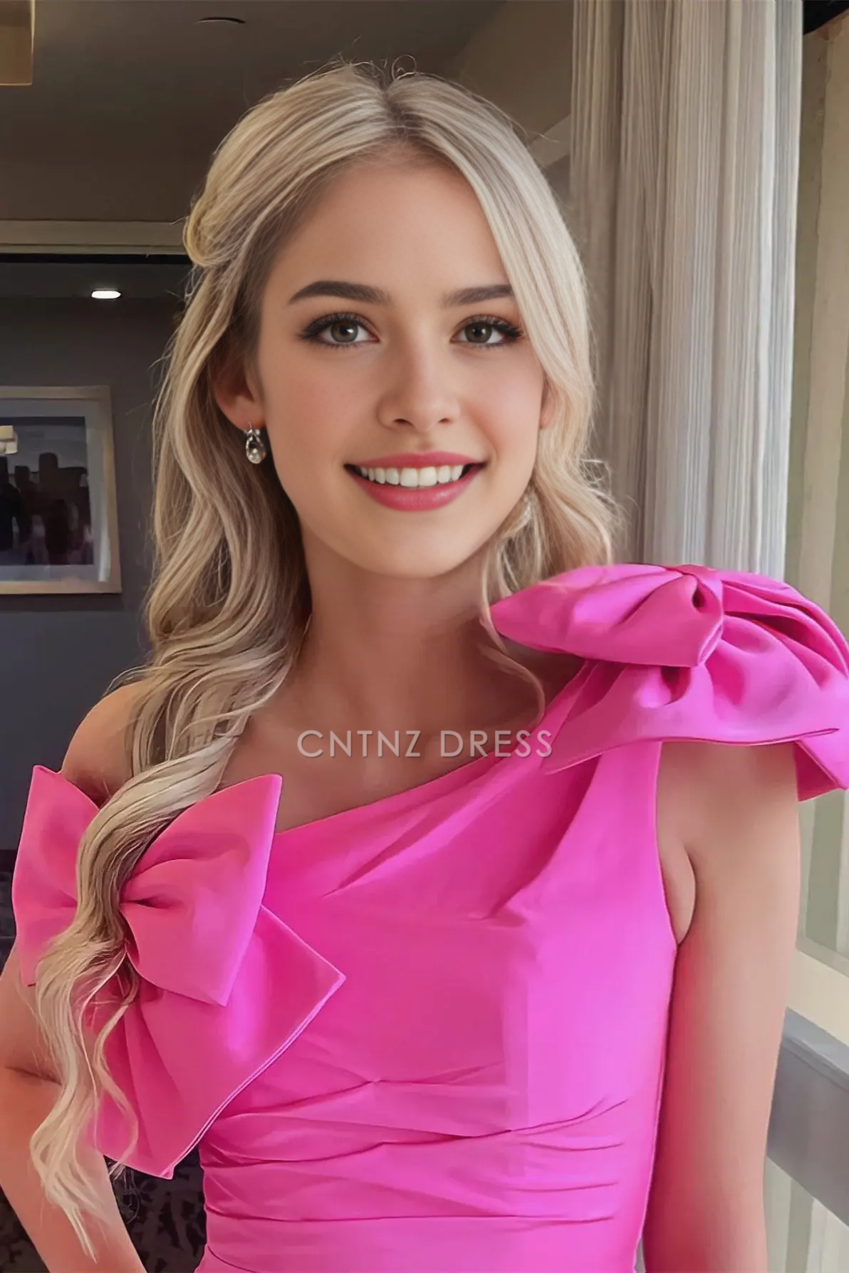 CNTNZ DRESS Hot Sale Homecoming Dress Fashion Sheath One Shoulder Bows Pleated Short Dress