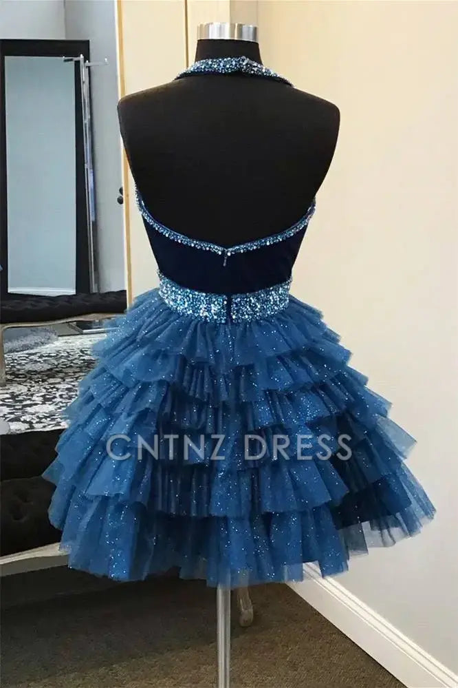 CNTNZ DRESS Hot Sale Homecoming Dress Gorgeous A Line Halter Deep V Neck Beaded Backless Layering Ruffled Fashion Short Dress