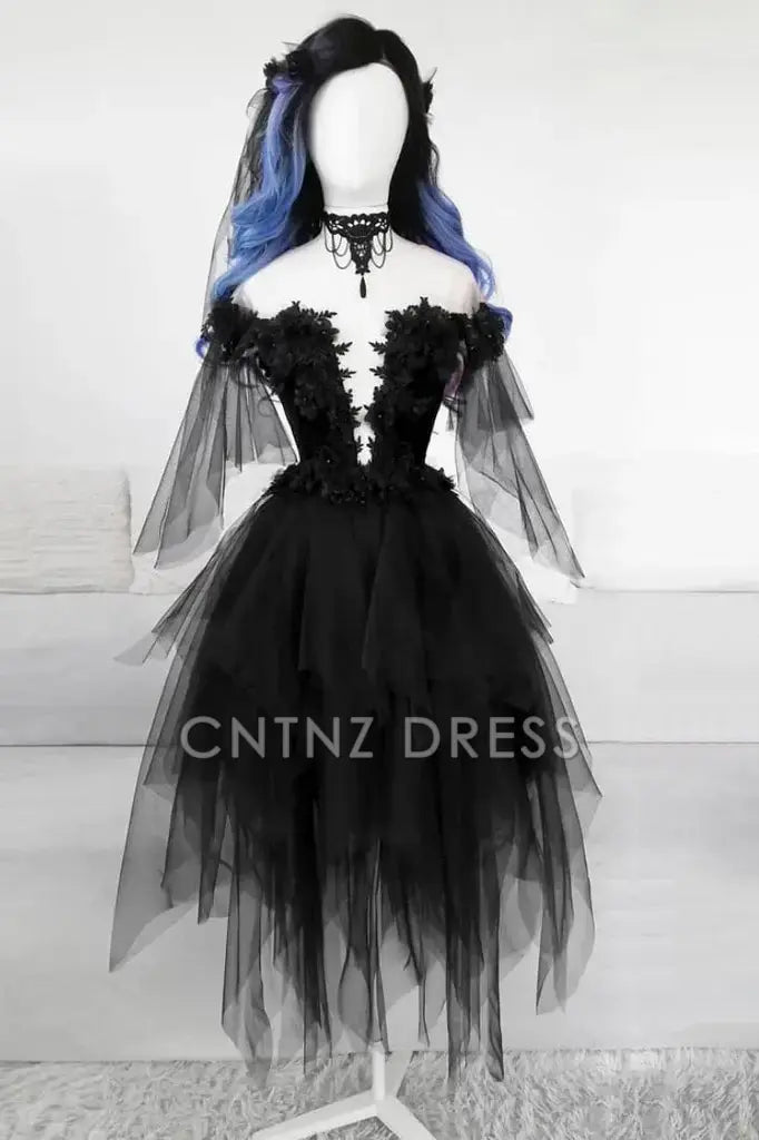 CNTNZ DRESS Hot Sale Homecoming Dress Gothic A Line Off the Shoulder Black Irregular Lace Fashion Short Dress