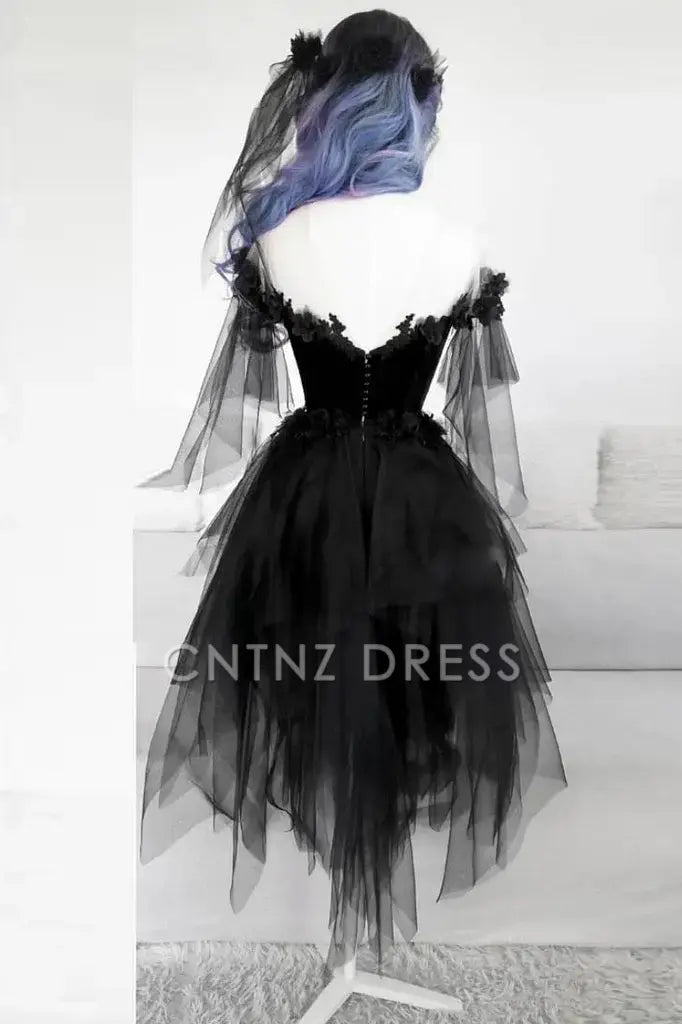 CNTNZ DRESS Hot Sale Homecoming Dress Gothic A Line Off the Shoulder Black Irregular Lace Fashion Short Dress