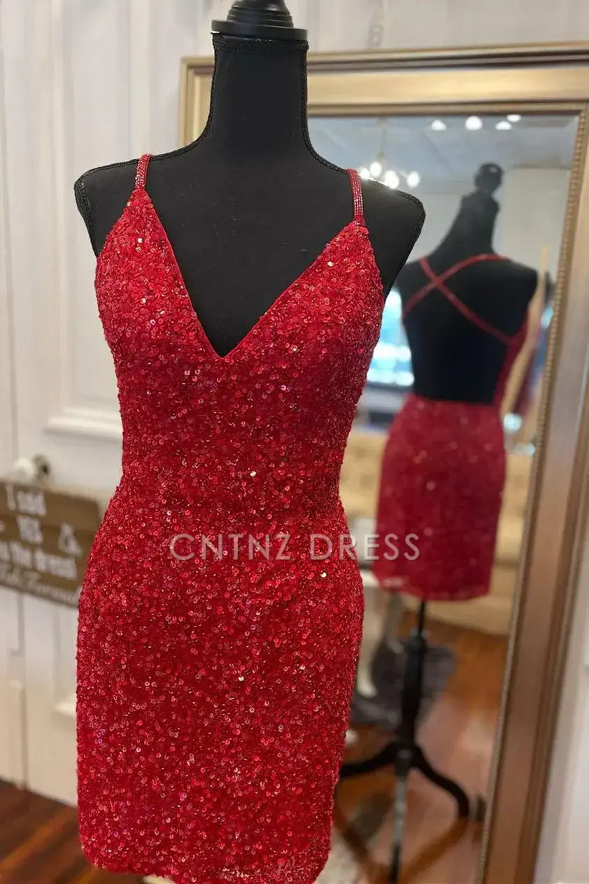 CNTNZ DRESS Hot Sale Homecoming Dress Red Sequin Tight V-Neck Spaghetti Strap Backless Sparkle Mini Party Dress Short Dress