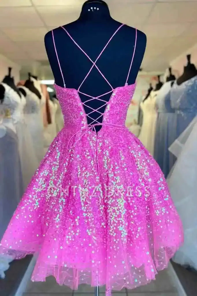 CNTNZ DRESS Hot Sale Homecoming Dress Sequin A-Line Spaghetti Strap Backless Sparkle Short Dress