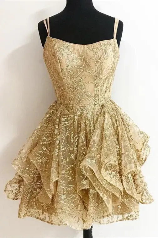 CNTNZ DRESS Hot Sale Homecoming Dress Sequined A-line Spaghetti Strap layered Ruffles Sparkle Short Dress