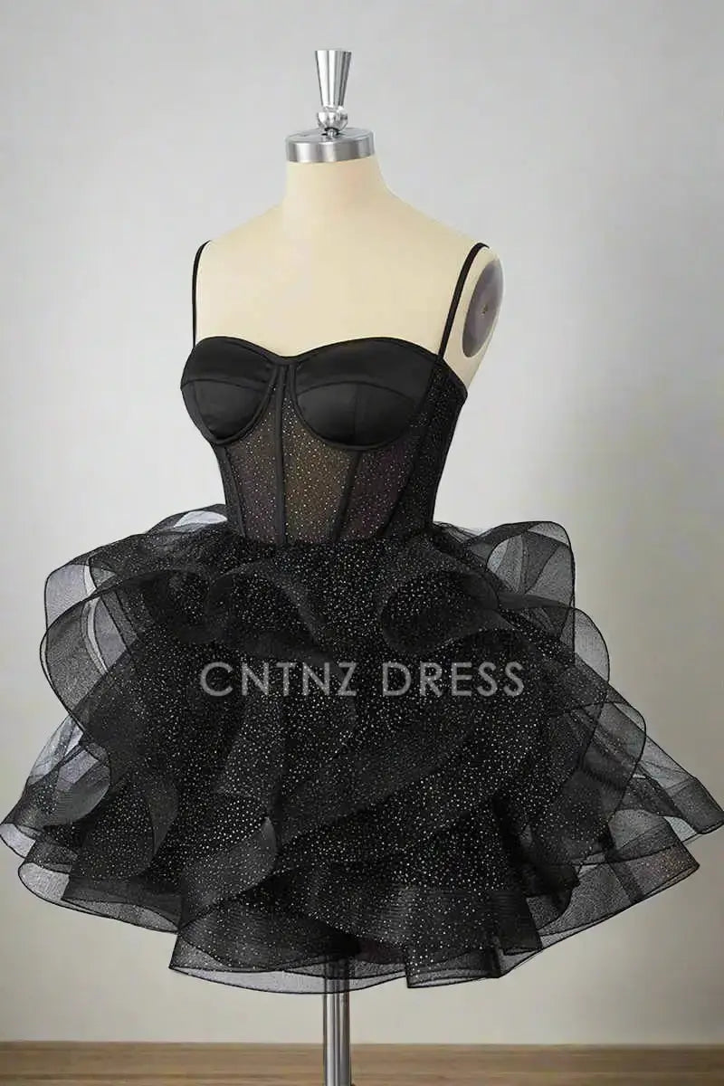 CNTNZ DRESS Hot Sale Homecoming Dress Sparkle A-Line Spaghetti Strap Sweetheart Neckline Tiers Ruffle Sequin Short Dress