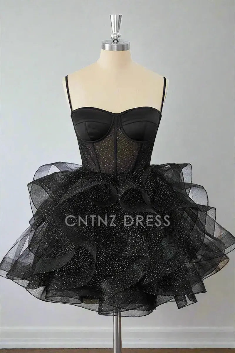 CNTNZ DRESS Hot Sale Homecoming Dress Sparkle A-Line Spaghetti Strap Sweetheart Neckline Tiers Ruffle Sequin Short Dress