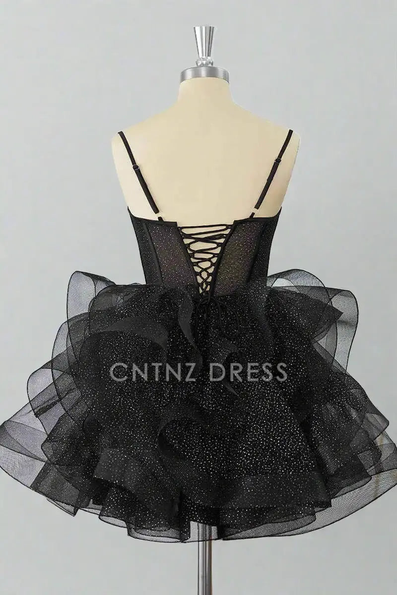 CNTNZ DRESS Hot Sale Homecoming Dress Sparkle A-Line Spaghetti Strap Sweetheart Neckline Tiers Ruffle Sequin Short Dress