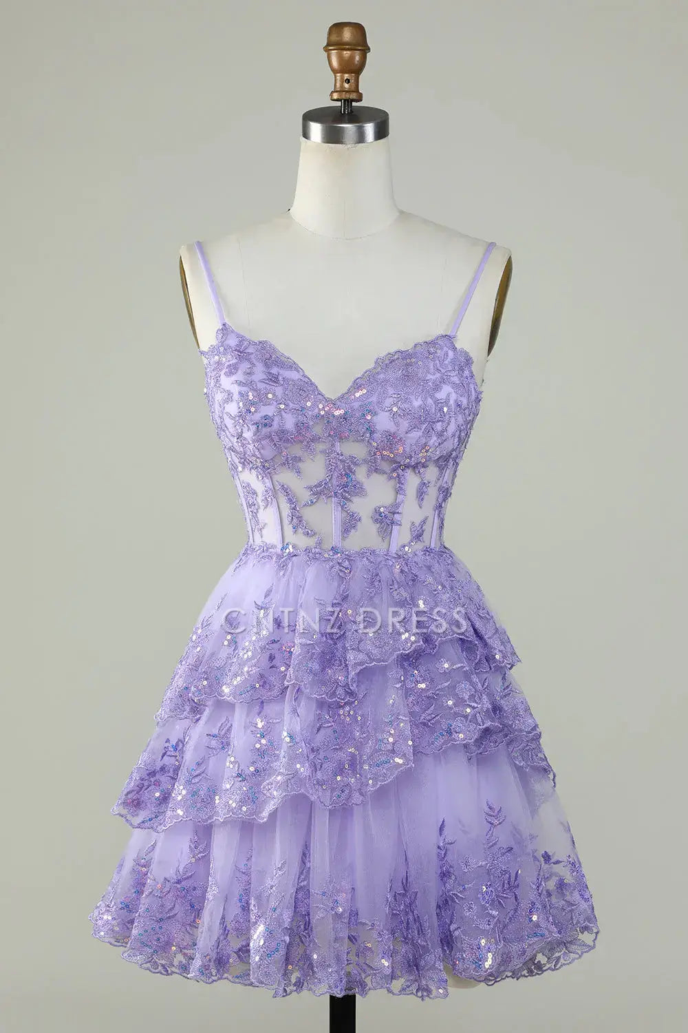 CNTNZ DRESS Hot Sale Homecoming Dress Sparkle A Line Corset Sweetheart Neckline Spaghetti Strap Sequins Layered Ruched Cute Short Dress