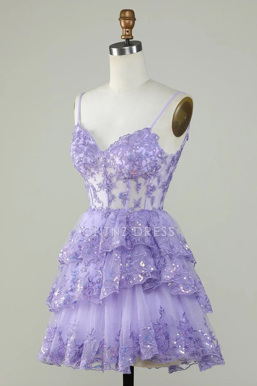 CNTNZ DRESS Hot Sale Homecoming Dress Sparkle A Line Corset Sweetheart Neckline Spaghetti Strap Sequins Layered Ruched Cute Short Dress