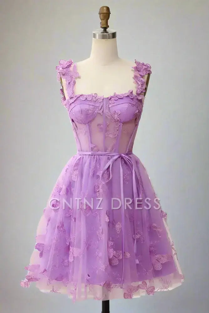 CNTNZ DRESS Hot Sale Homecoming Dress Sweet A-Line Square Neck Exquisite 3D Butterfly Appliques Short Dress
