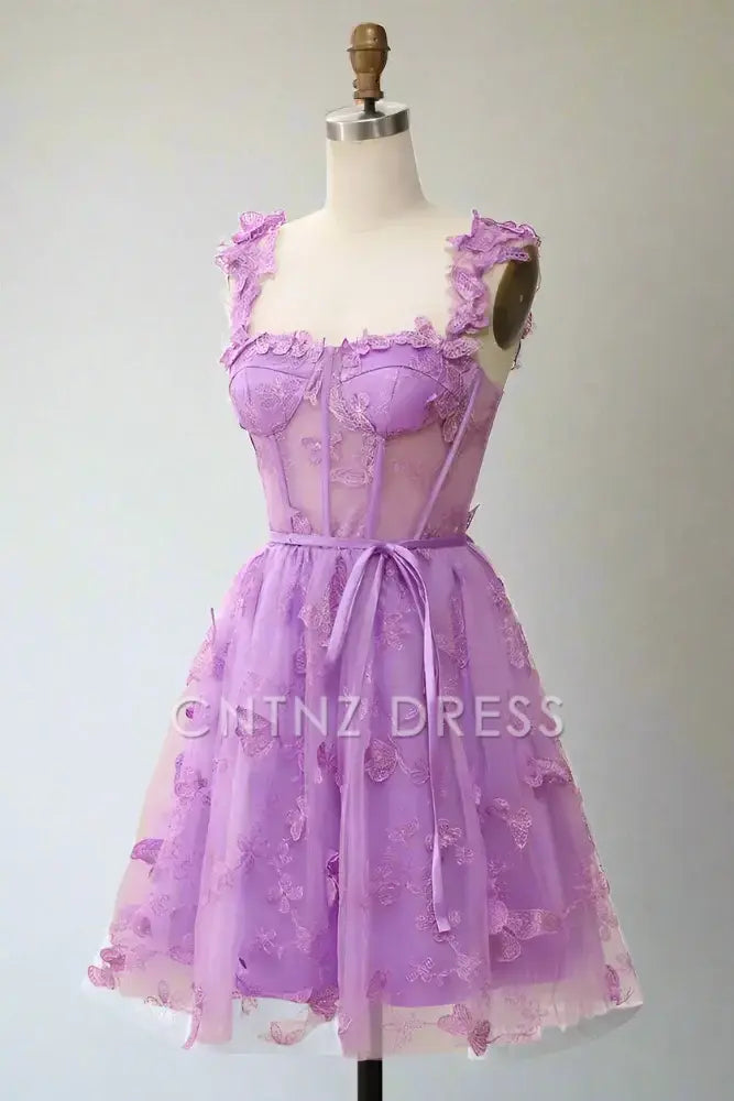 CNTNZ DRESS Hot Sale Homecoming Dress Sweet A-Line Square Neck Exquisite 3D Butterfly Appliques Short Dress