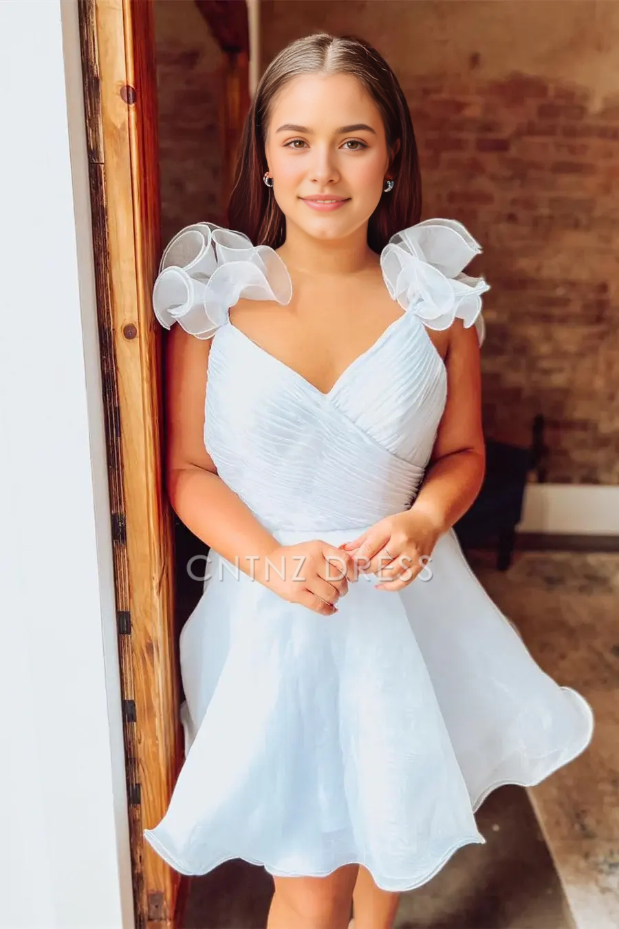 CNTNZ DRESS Hot Sale Homecoming Dress Unique A Line V Neck Ruffles Shoulder Straps Backless Tulle Fashion Short Dress