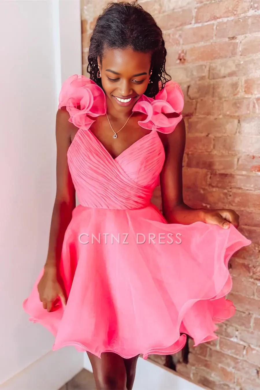 CNTNZ DRESS Hot Sale Homecoming Dress Unique A Line V Neck Ruffles Shoulder Straps Backless Tulle Fashion Short Dress