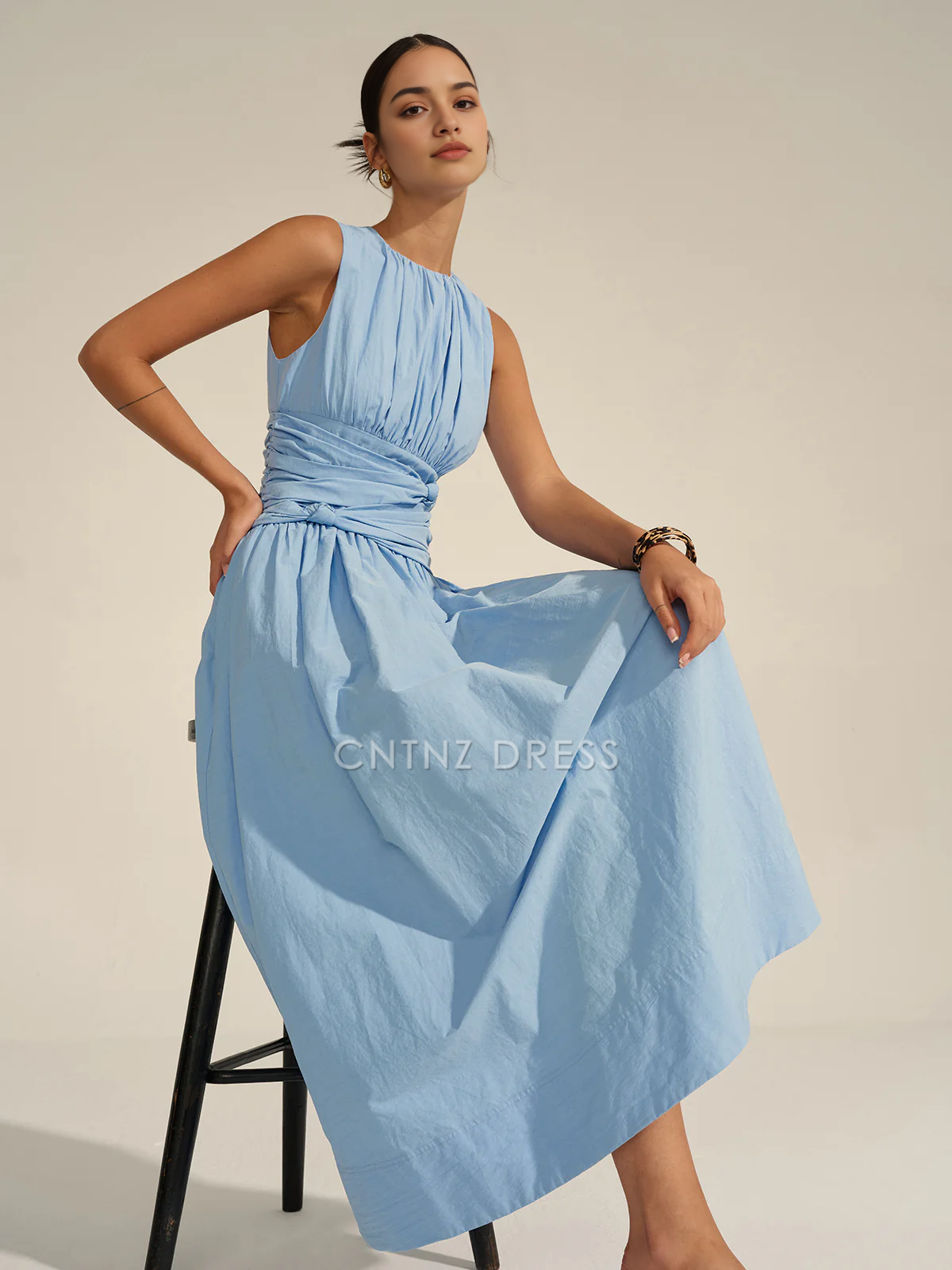 CNTNZ DRESS New Prom Dress A Line Crew Neck Sleeveless Pleated Tie Knot Elegant Formal Women's Dress