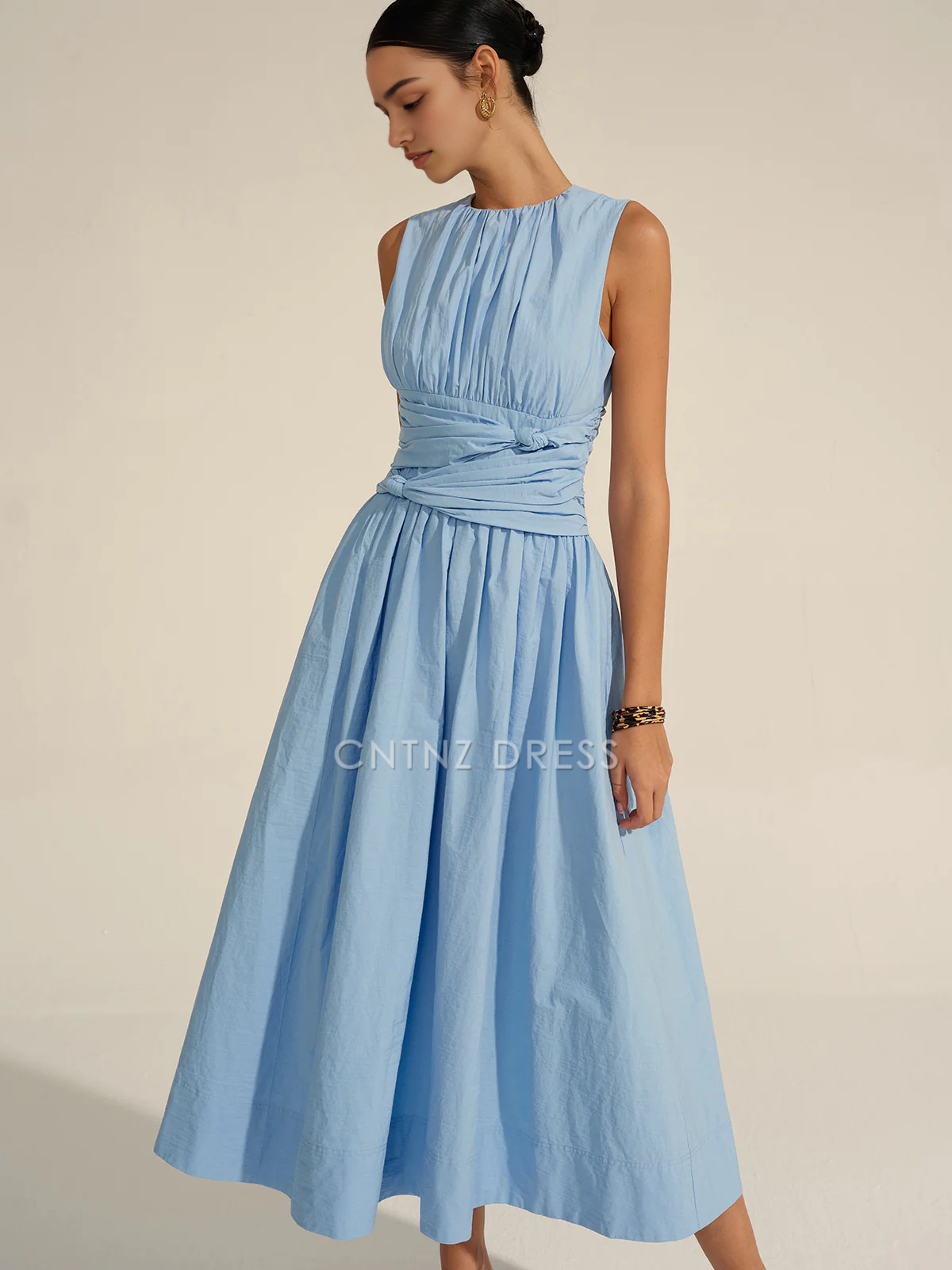 CNTNZ DRESS New Prom Dress A Line Crew Neck Sleeveless Pleated Tie Knot Elegant Formal Women's Dress