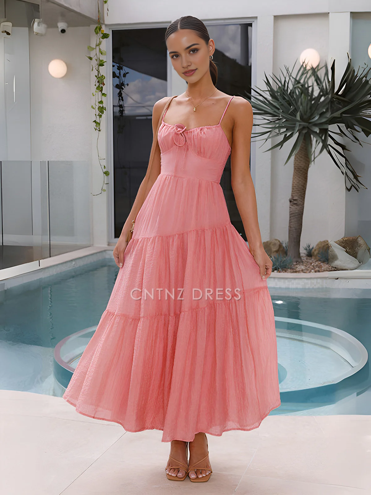 CNTNZ DRESS New Prom Dress A Line Low-Cut Spaghetti Strap Tiered Elegant Long Dress Formal Women's Dress