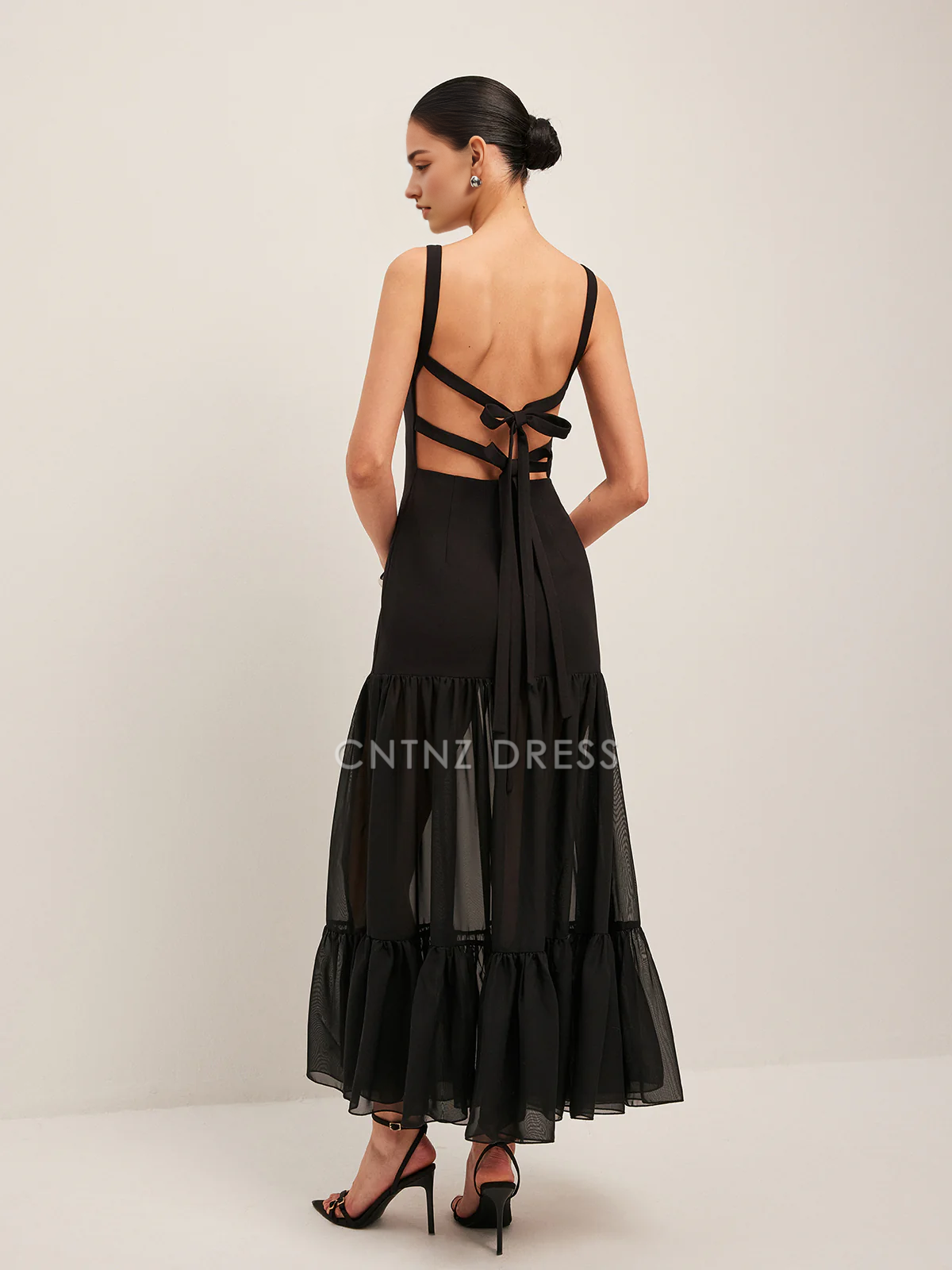 CNTNZ DRESS New Prom Dress Sheath Boat Neck Sleeveless Sheer Panel Back-Tie Backless Ruffled Hem Fashion Dress Formal Women's Dress