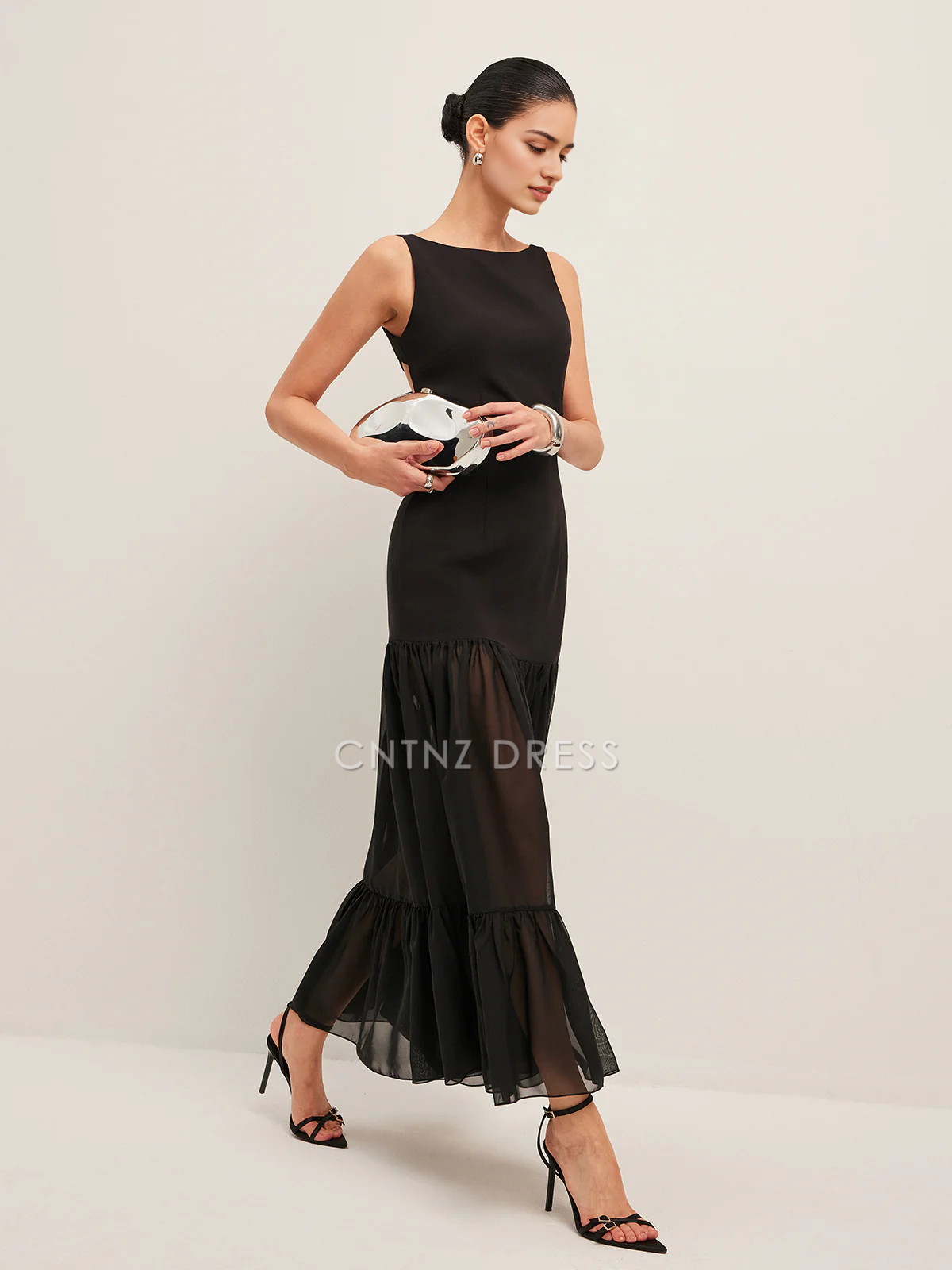 CNTNZ DRESS New Prom Dress Sheath Boat Neck Sleeveless Sheer Panel Back-Tie Backless Ruffled Hem Fashion Dress Formal Women's Dress
