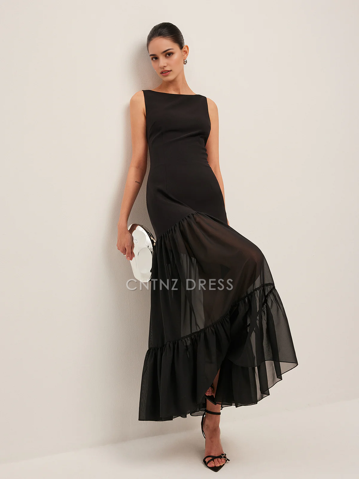 CNTNZ DRESS New Prom Dress Sheath Boat Neck Sleeveless Sheer Panel Back-Tie Backless Ruffled Hem Fashion Dress Formal Women's Dress