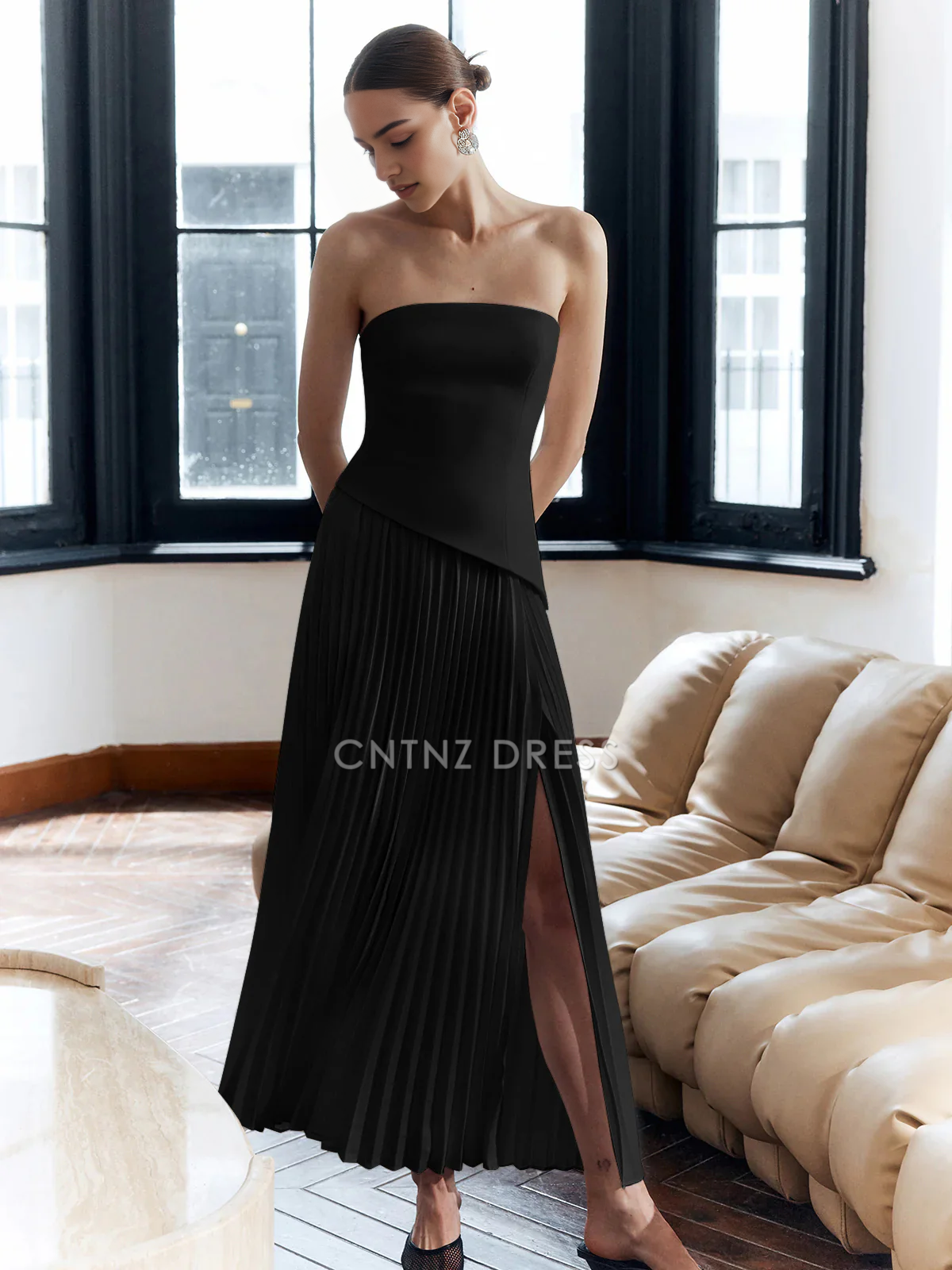 CNTNZ DRESS New Prom Dress Sheath Strapless Pleated Split Dress Exquisite Formal Women's Dress
