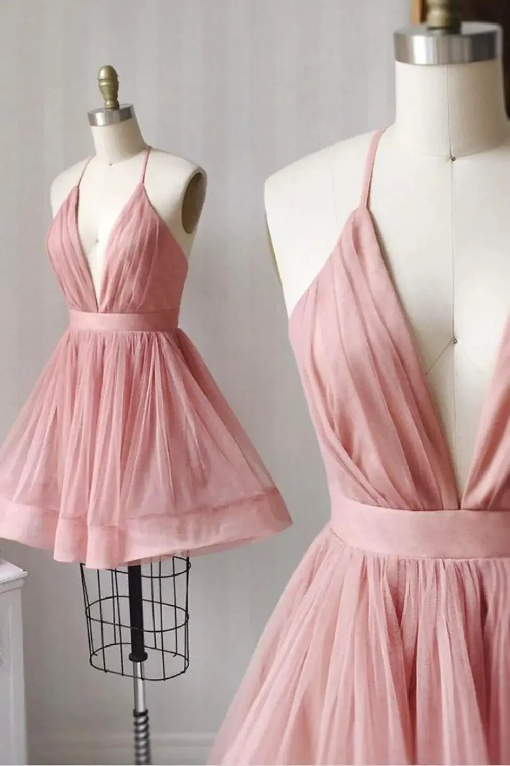 CNTNZ DRESS Pink A-line Halter Deep V-Neck Pleated Elegant Fashion Cocktail Dress Short Homecoming Dress
