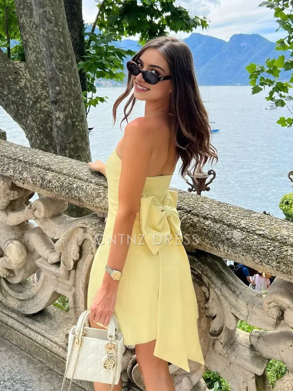 CNTNZ DRESS Pretty A Line Strapless Yellow with Bowknot Fashion Cocktail Dress Short Homecoming Dress