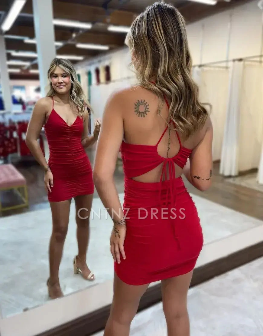 CNTNZ DRESS Red Fashion Sheath V Neck Spaghetti Straps Pleated Key Hole Backless Charming Cocktail Dress Short Homecoming Dress
