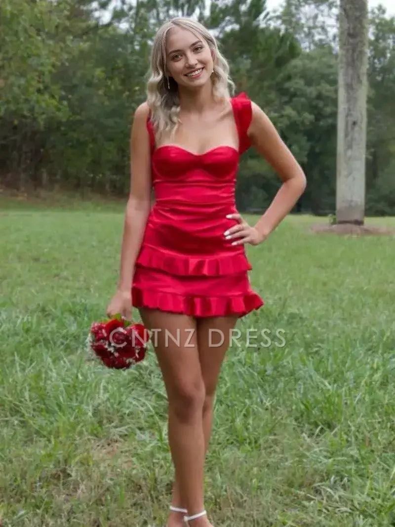 CNTNZ DRESS Red Sheath Wide Shoulder Straps Low-Cut Sweetheart Layering Ruffles Charming Cocktail Dress Short Homecoming Dress