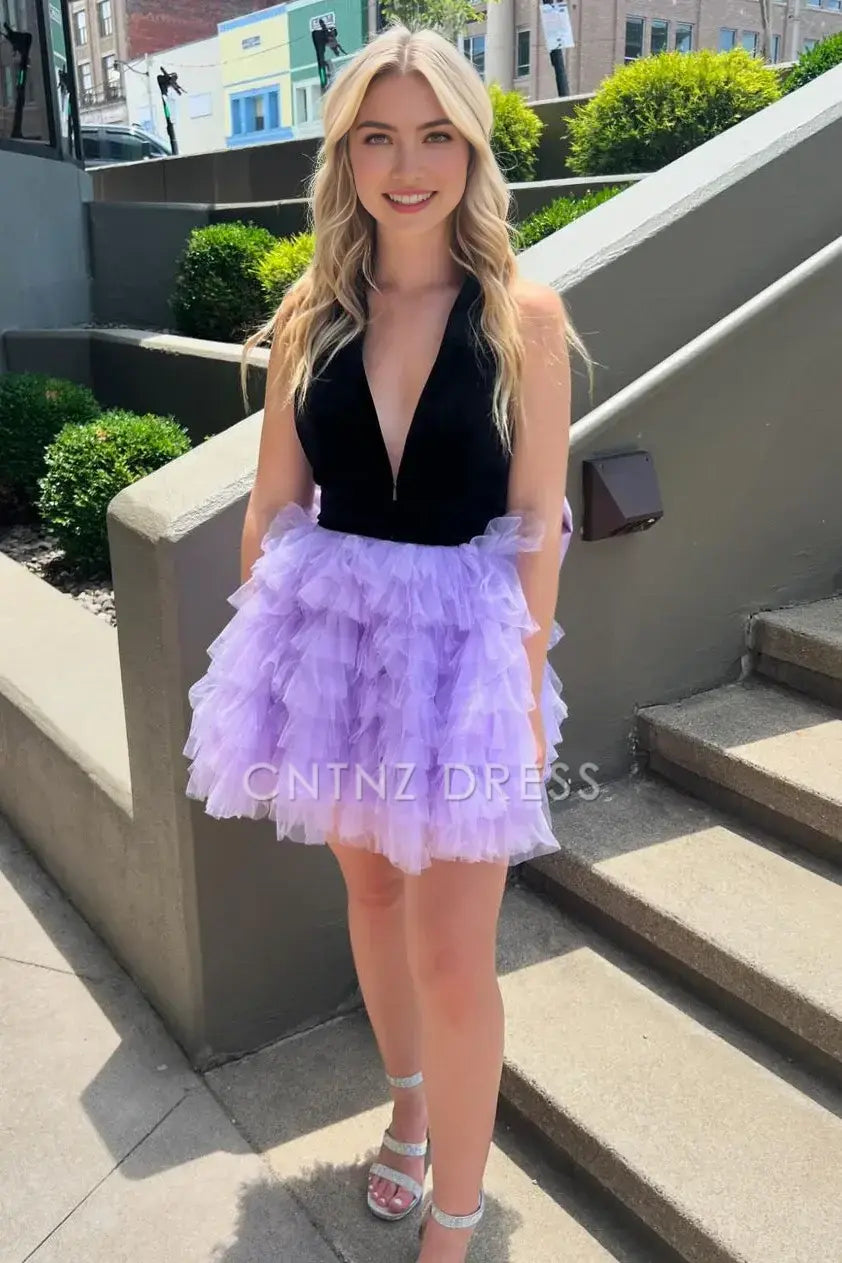 CNTNZ DRESS Romantic A-Line Deep V-Neck Open Back Layering Ruched Exquisite Cocktail Dress Short Homecoming Dress