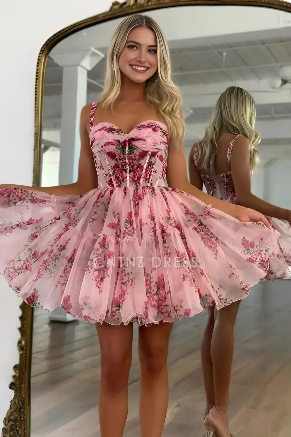 CNTNZ DRESS Romantic A Line Spaghetti Straps Sweetheart Neckline Pink Retro Printed Cute Cocktail Dress Short Homecoming Dress