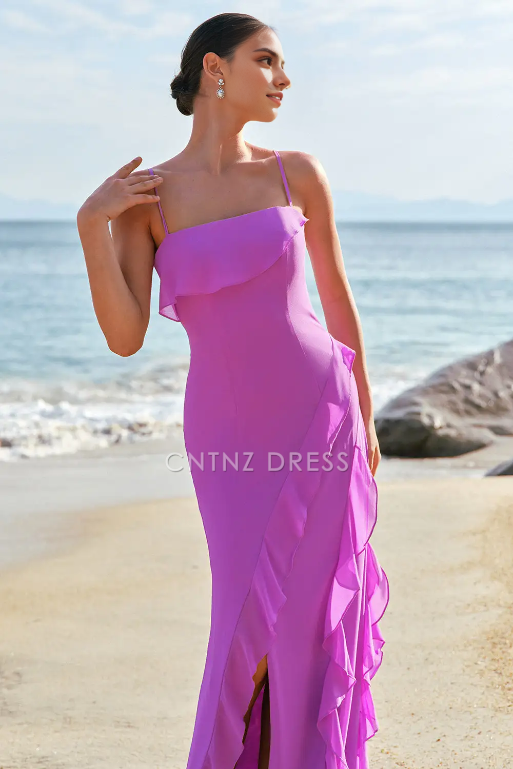 CNTNZ DRESS Sheath Spaghetti Straps Layering Ruffled Side Fork Exquisite Fashion Long Hot Sale Prom Dress