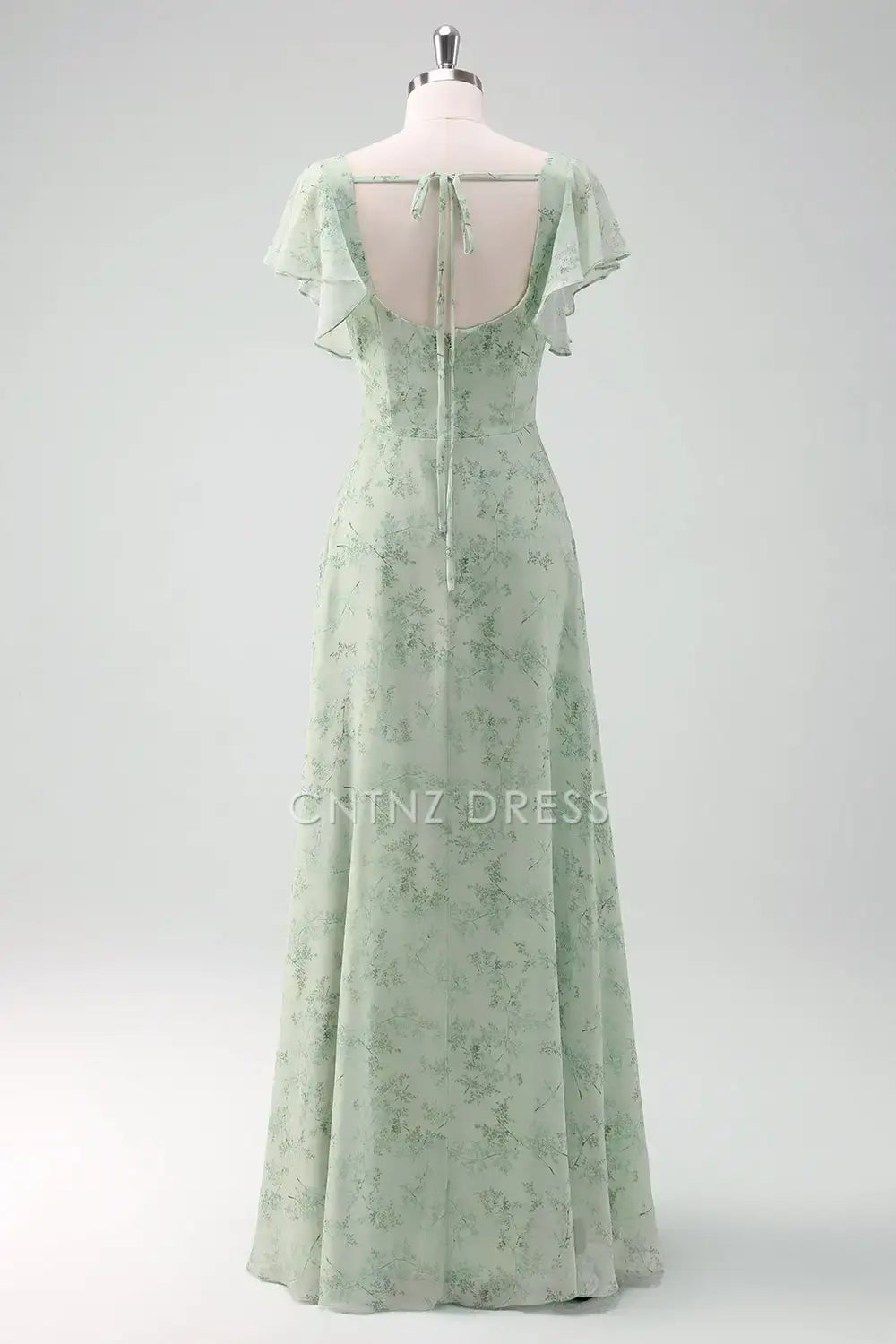 CNTNZ DRESS Sheath Square Neck Flutter Sleeves Floral Printed With Slit Fantastic Hot Sale Prom Dress