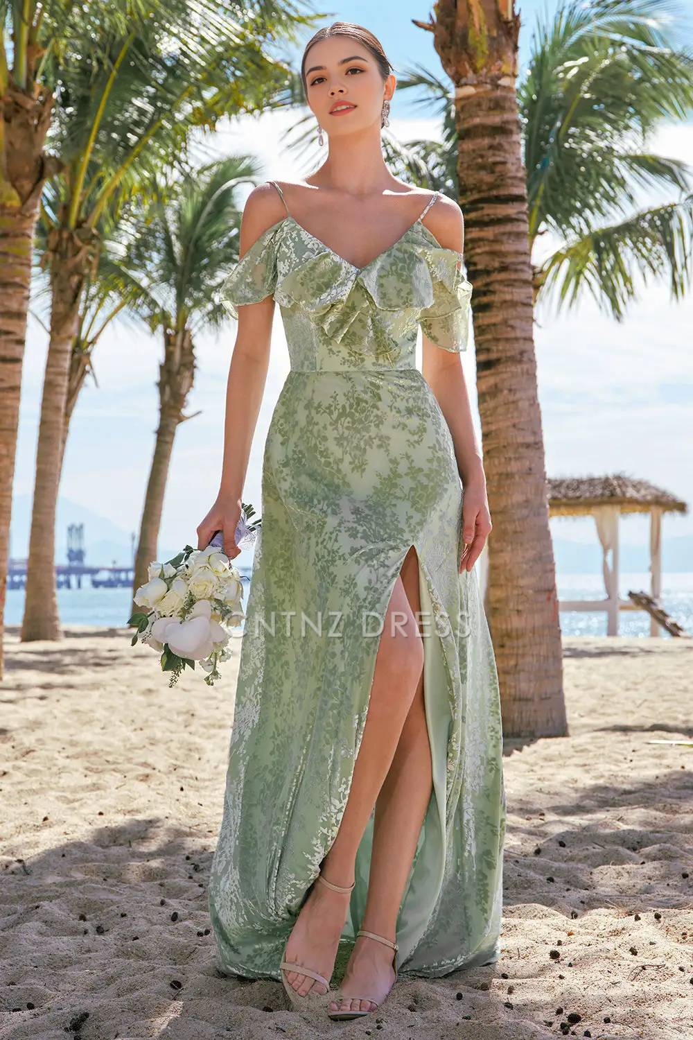 CNTNZ DRESS Sheath V Neck Spaghetti Strap Ruched Cold Shoulder Floral Side Fork Retro Long Hot Sale Prom Dress