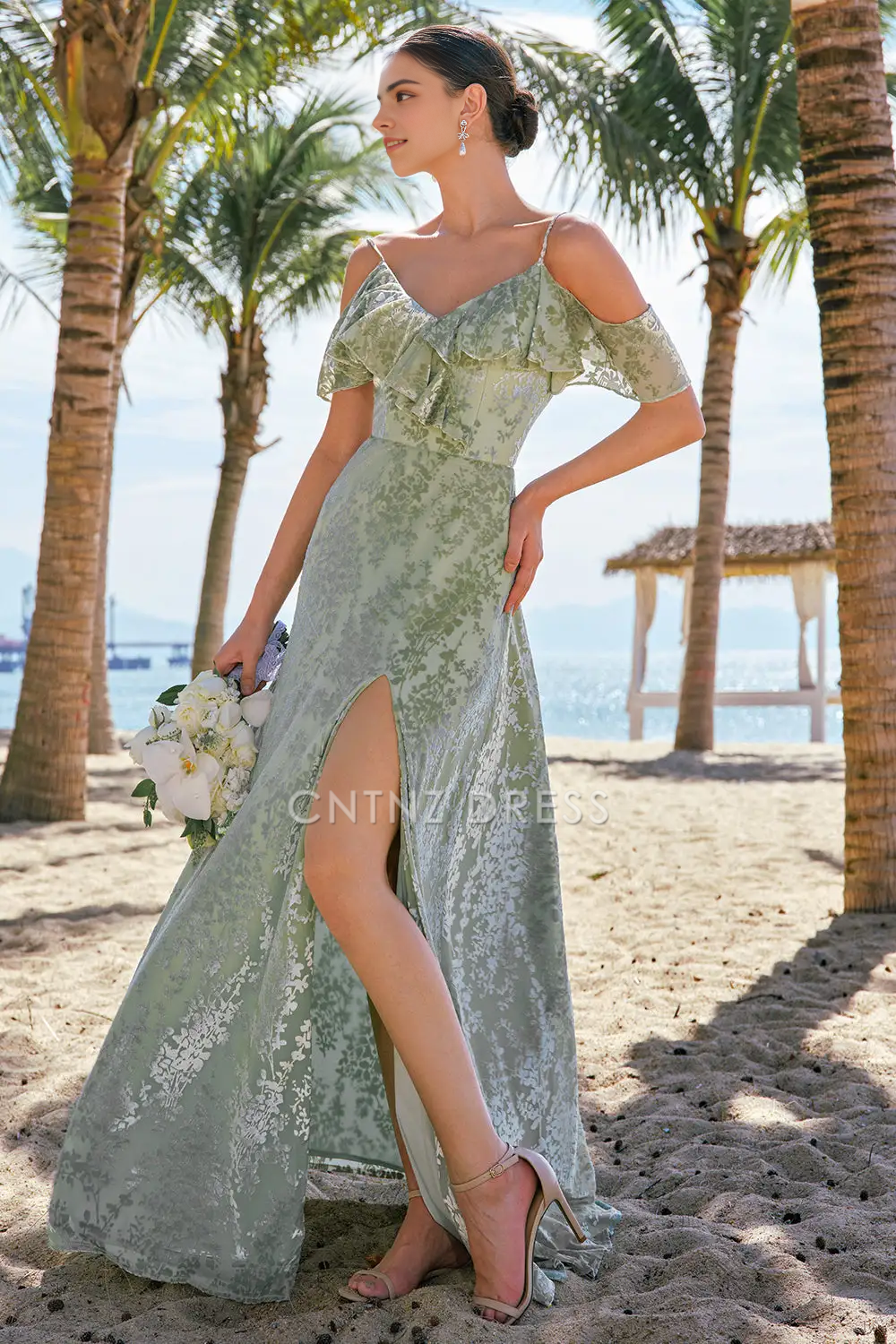 CNTNZ DRESS Sheath V Neck Spaghetti Strap Ruched Cold Shoulder Floral Side Fork Retro Long Hot Sale Prom Dress