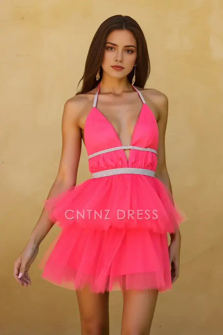 CNTNZ DRESS Short Prom Dress A-Line Halter Deep V Neck Sleeveless Rhinestone Backless Tiered Tulle Dresses Charming New Hot Sale Homecoming Dress