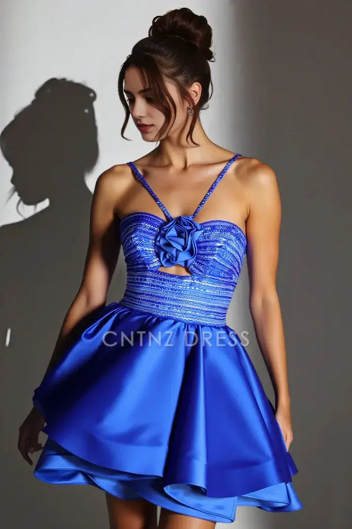 CNTNZ DRESS Short Prom Dress A-Line Halter Neck Flower Pleated Sequin Bodice Keyhole Tiers Ruched Sparkle Fashion New Hot Sale Homecoming Dress
