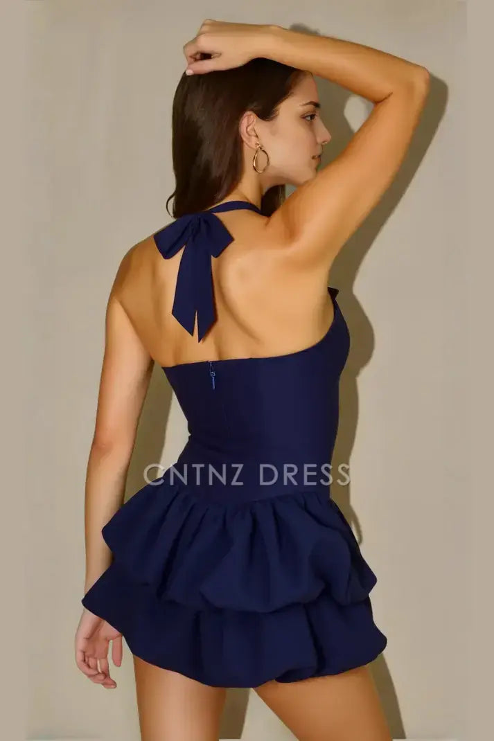CNTNZ DRESS Short Prom Dress Charming Sheath Halter Low-Cut Neck Tiered Ruched Skirt Backless Mini Dresses Sexy New Hot Sale Homecoming Dress