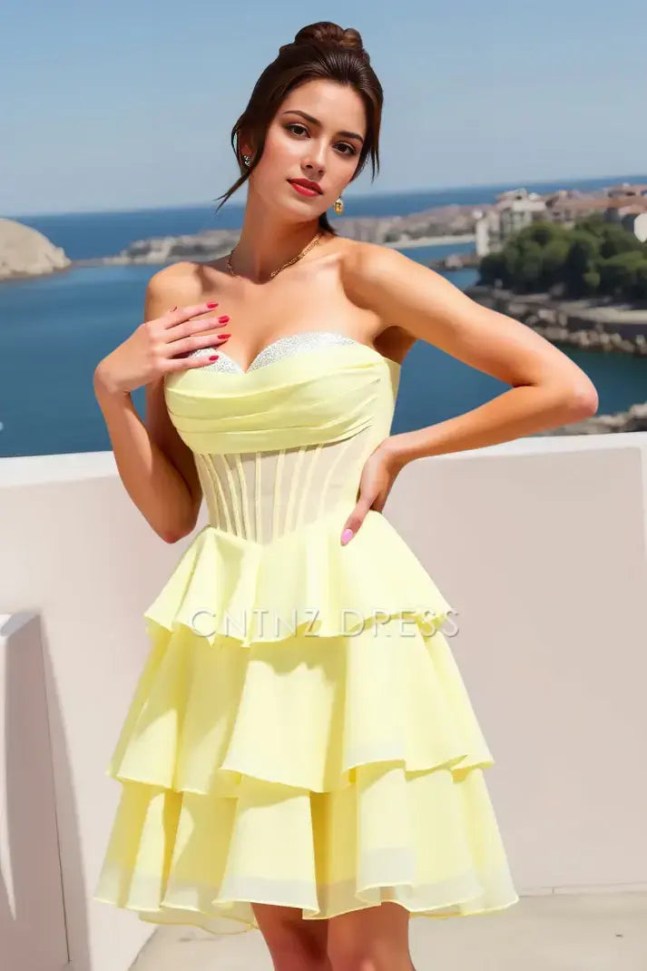 CNTNZ DRESS Short Prom Dress Exquisite A-Line Beaded Sweetheart Neckline Strapless Tiered Ruched Dresses Cute New Hot Sale Homecoming Dress
