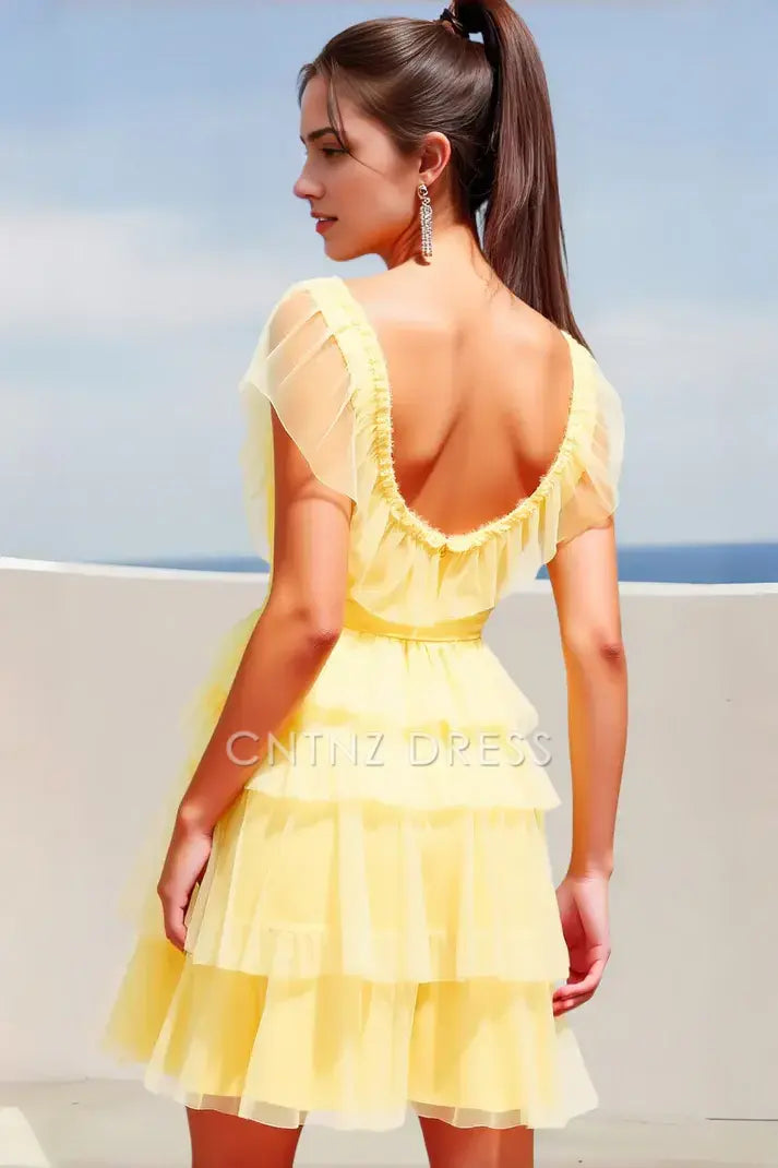 CNTNZ DRESS Short Prom Dress Exquisite A-Line V Neck Flutter Sleeves Tiered Ruched Backless Cute New Hot Sale Homecoming Dress