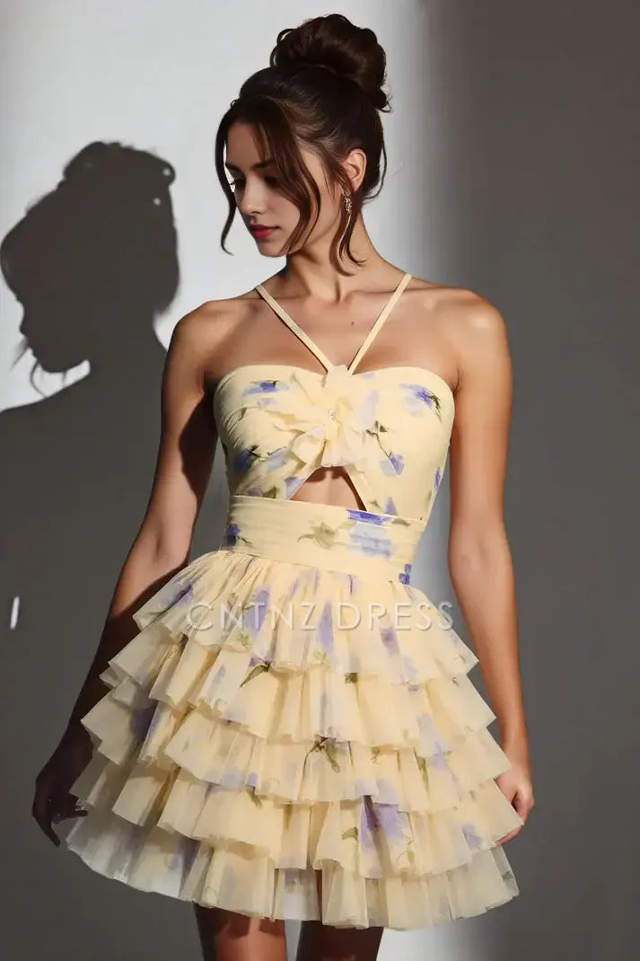 CNTNZ DRESS Short Prom Dress Exquisite Printing A-Line Halter Neck Keyhole Rosette Tiered Ruched Fashion Cute New Hot Sale Homecoming Dress