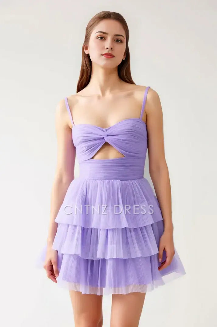 CNTNZ DRESS Short Prom Dress Fashion A-Line Spaghetti Strap Sweetheart Neckline Keyhole Backless Tulle Pleated Tiered Mini Dress Charming New Hot Sale Homecoming Dress