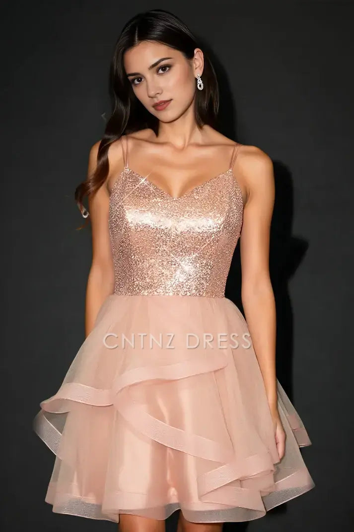 CNTNZ DRESS Short Prom Dress Fashion A-Line V Neck Double Spaghetti Strap Sequin Bodice Backless Tiered Ruched Dresses Sparkle New Hot Sale Homecoming Dress