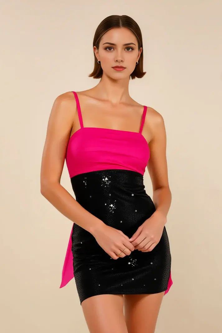 CNTNZ DRESS Short Prom Dress Playful Sheath Spaghetti Straps Low-Cut Bowknot Sequin Contrast Color Mini Dresses Fashion New Hot Sale Homecoming Dress