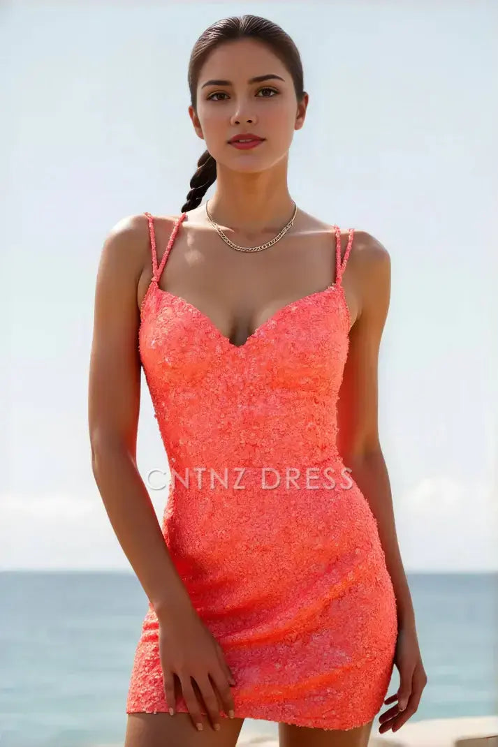 CNTNZ DRESS Short Prom Dress Sequin Sheath Bodycon Double Straps V-Neck Backless Mini Dresses Sparkle New Hot Sale Homecoming Dress