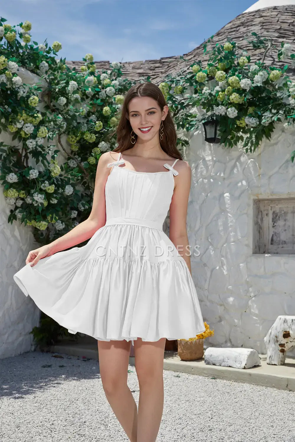 CNTNZ DRESS Simple A-Line Spaghetti Straps Bow Backless Cute Short Dress Hot Sale Homecoming Dress