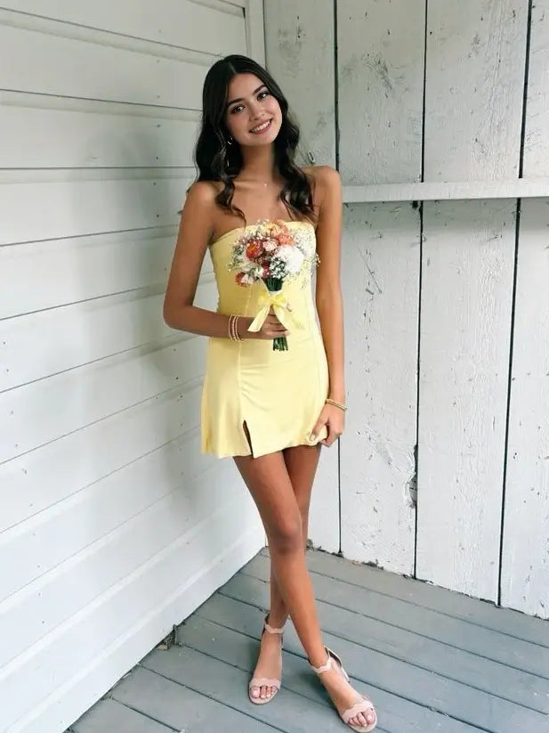 CNTNZ DRESS Simple Sheath Strapless Yellow with Slit Fashion Cocktail Dress Short Homecoming Dress